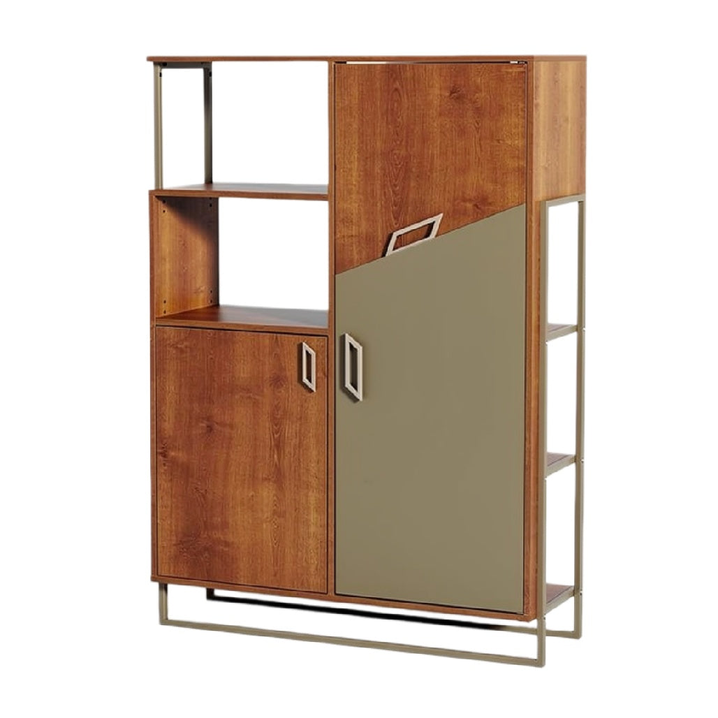 Moderne houten kast met open planken en deurtje