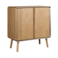 Moderne houten kast met metalen omlijsting en platte poten.