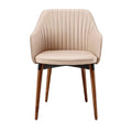 Elegante beige eetkamerstoel met ribbelpatroon en houten poten.